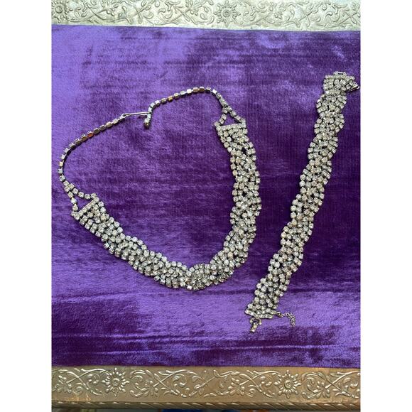 1950s rhinestone necklace and bracelet braided choker wedding prom 50s jewelry - Picture 1 of 8